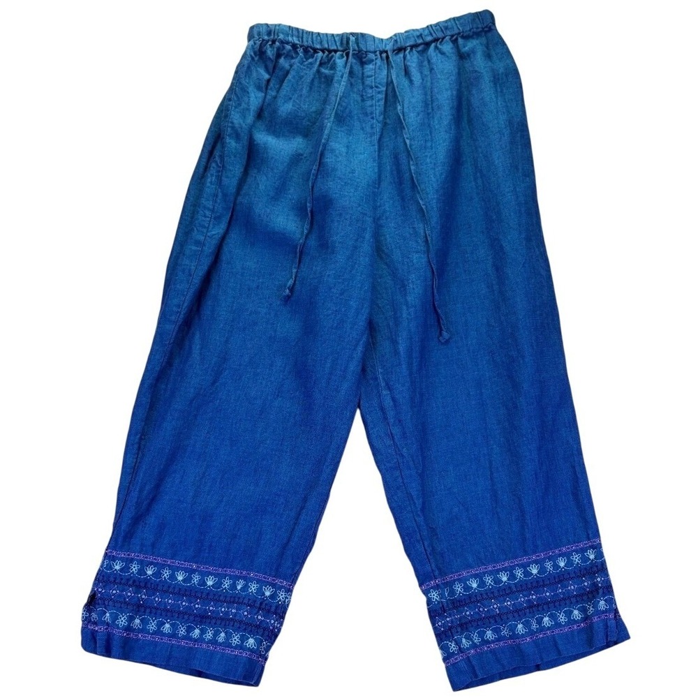 Dressbarn Woman Blue 100% Linen Embroidered Beaded Wide Leg Pants Plus 14W Boho